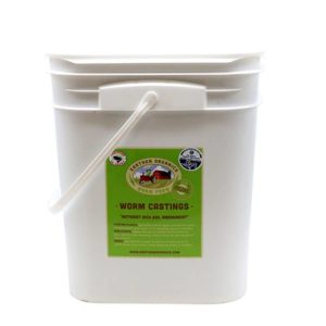 Large 5-gallon bucket of Earthen Organics Worm castings showing product label